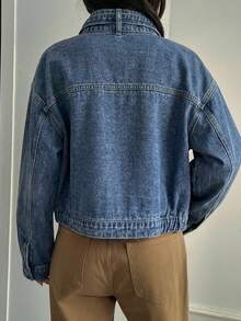 FRIFUL Women's Casual Washed Denim Jacket With Stand Collar Cropped Denim Jacket Crop Jean Jacket Women Jean Jacket Oversized Jean Jacket Jean Jacket - Blue - View 11