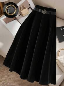 Váy chữ A màu đen thời trang tối giản chất liệu da lộn cỡ lớn cho nữ kèm thắt lưng - màu đen - Xem 5