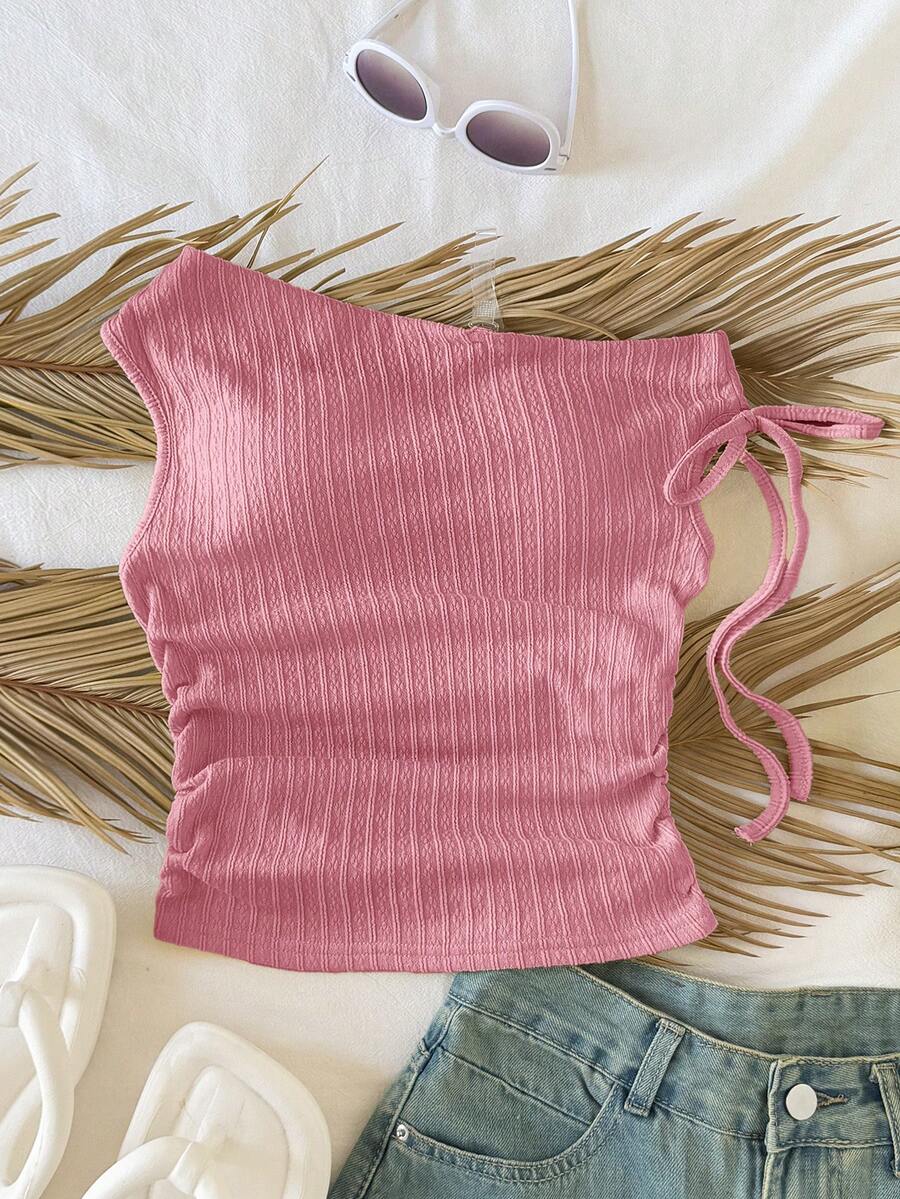 SHEIN Tween Girl Solid Color Asymmetric Shoulder Tie Design Casual Tank Top - Pink - View 1