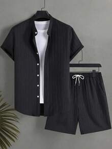Manfinity RSRT Plus Size Men's Solid Color Front Button Short Sleeve Shirt And Shorts Beach Outfit, Summer - Black - View 2