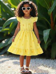 SHEIN Elladie kids 女童优雅条纹蝴蝶结印花圆领喇叭袖露背蝴蝶结装饰腰部荷叶边下摆休闲时尚连衣裙，适合度假旅行，夏季穿着 - 黃色 - 查看 6