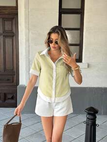 Pariaura Yellow Patchwork Contrast Color Lapel Pocket Casual Smart Casual Short Sleeve Shirt For Women Vacation Summer - Light Yellow - View 3