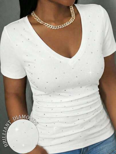 Slaydiva 休闲简约水钻装饰加大码白色V领T恤，音乐节