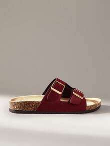 Women's Flat Sandals, Retro Burgundy Metal Double Buckle Design, Adjustable Upper Width, Non-Slip Outer Wear Summer Casual Slippers Summer Shoes - Burgundy - View 1