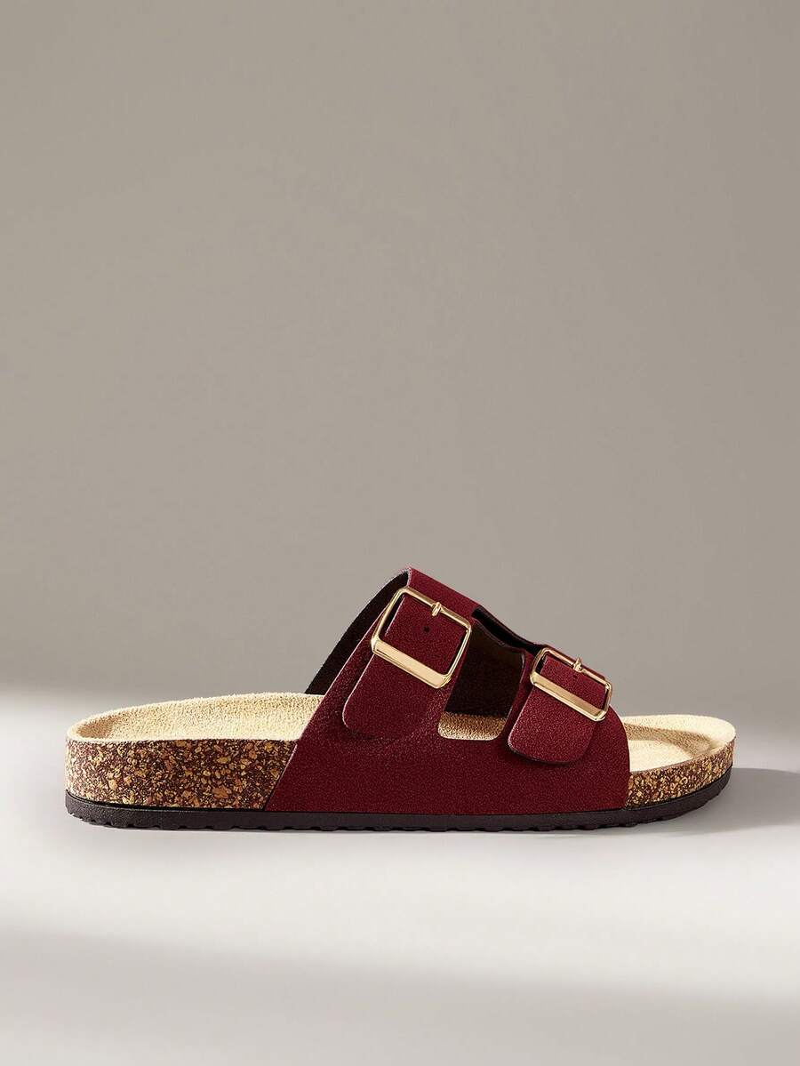 Women's Flat Sandals, Retro Burgundy Metal Double Buckle Design, Adjustable Upper Width, Non-Slip Outer Wear Summer Casual Slippers Summer Shoes - Burgundy - View 1