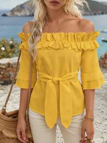 EMERY ROSE Blusa casual con hombros descubiertos y volantes para mujer - Amarillo - Ver 5