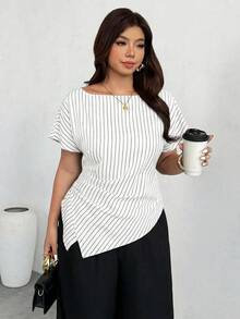 Firerie 休闲优雅格纹不对称下摆衬衫，适合通勤、日常休闲和时尚商务穿着/秋季女装/返校季/教师装/外出上衣/商务休闲女装/条纹衬衫/商务休闲女装/教师衬衫 - 白色 - 查看 5