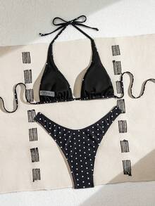 Swim Basics Conjunto de Bikini de 2 piezas con estampado de lunares para mujer, color negro y blanco, ropa informal para resort - Multicolor - Ver 4