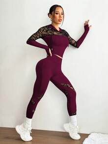 Slayform Slayform Setelan Olahraga Wanita Model Hoodie dan Legging dengan Motif Jala dan Tali Serut - Burgundy - View 7