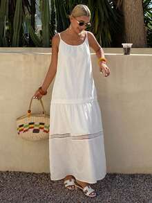 Livesso White Cotton Spaghetti Strap Lace Patchwork Solid Color Midi Dress For Summer Vacation Boho European Modest Sun Dresses For Women Beach Vacation - White - View 5