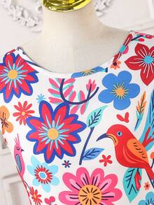 Tween Girl Floral Print Backless Bow Tie Design Cap Sleeve Waist Cinched Dress - Multicolor - View 5