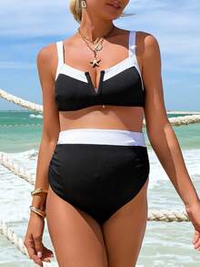 SHEIN Bộ đồ bơi nữ mùa hè 26SS cơ bản, thoải mái, dành cho bà bầu, thích hợp cho kỳ nghỉ, hẹn hò, trà chiều, phong cách miền Tây, du thuyền, biển, đảo, du lịch đường bộ, mọi mùa, lễ hội âm nhạc, kỳ nghỉ Boho, kỳ nghỉ Bohemian, mùa thu thư giãn, phong cách Boho miền Tây, áo bơi thanh lịch dành cho nữ. - Đen và trắng - Xem 3