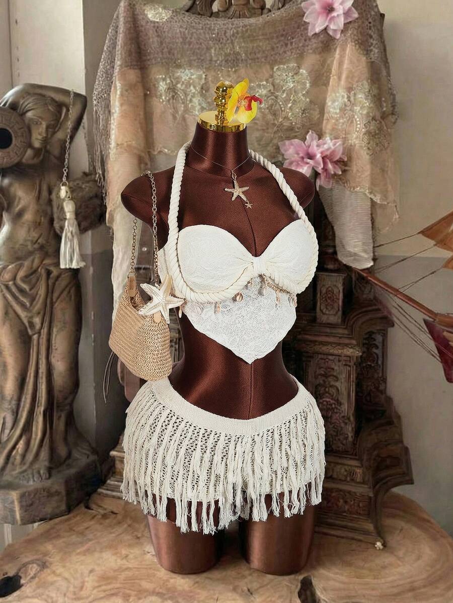 Amplova 2026 New V-Waist Fringed Knit Mini Skirt, Sexy & Avant-Garde Style Suitable For Music Festivals, Versatile - Apricot - View 1