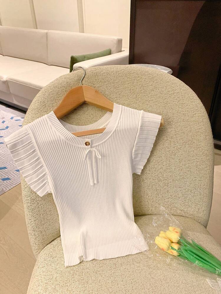 Women's Solid Color Fitted Ribbed Elastic Short Sleeve Round Neck Drawstring Casual Vacation Lightweight Knit Top, Summer