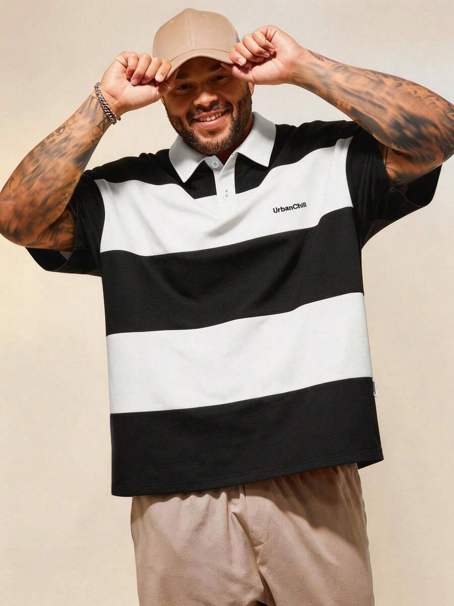 EASEVO Plus Size Men's Casual Loose Short Sleeve Polo Shirt With Contrast Color Blocking - Multicolor - View 1