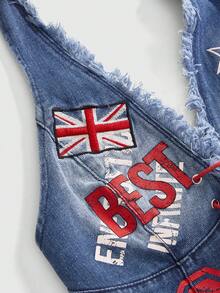 ROMWE Avant Women's Retro Motorcycle Style Back To School Collegiate Numeric & English Letter British Flag Print Sleeveless Denim Crop Top - Blue - View 4