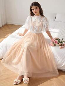 White Summer Elegant Bachelorette Party Wedding Girls' Princess Dress,Fitted Ruffle Hem Birthday Sibling Outfit,Formal Fashionable Retro Party Attire - Apricot - View 2