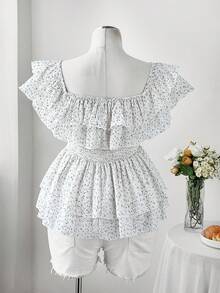Flirla Große Größen Neue Frühling/Sommer Damen Urlaubs Elegante Sexy Strandausflug Chiffon Polka Punkt Off-Shoulder Doppel Rüschen Saum Crop Top, Taille raffende Boho Süße Prinzessin Schleife Dekor Bluse - Weiss - Übersicht 2