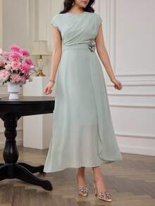 Modelyn Đầm dạ hội cao cấp màu xanh bạc hà xếp ly, trang trí hoa 3D, thanh lịch dành cho nữ. - màu xanh lá - Xem 6