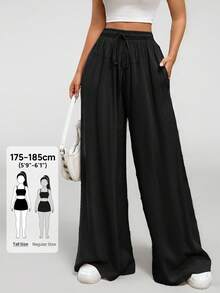 SHEIN Tall Pantalones anchos y fluidos de unicolor con cordón para mujer, para primavera/verano - Negro - Ver 8