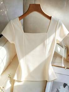 Franclia Blusa casual de manga corta, cuello cuadrado, unicolor, abotonada, para uso diario, talla grande, verano - Albaricoque - Ver 3