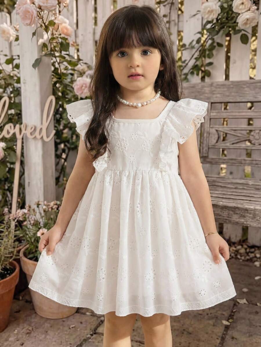 SHEIN 女童花卉刺绣褶皱时尚派对休闲连衣裙 - 白色 - 查看 1