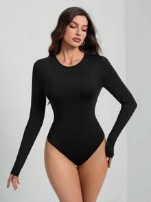 SHEIN Tall Solid Color Long Sleeve Slim Fit Black Bodysuit - Black - View 1