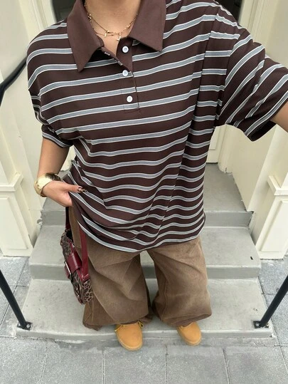GalTyme 大码女式条纹 Polo 领短袖休闲 T 恤