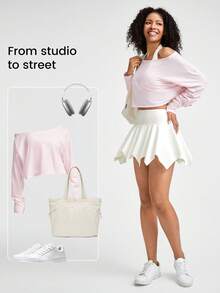 GLOWMODE Middle Waist Hanky Hem Anti-Slip Mini Dance Skirt Skort With Built-In Shorts Side Pockets Daily Casual Quick Dry Moisture Wicking - White - View 6