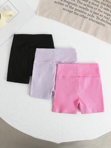 3pcs Young Girl Solid Color High Waist Knit Shorts Set, Sporty & Sweet, Spring/Summer - Multicolor - View 2