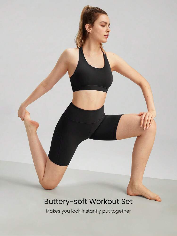 2 Pieces FeatherFit™ Sports Bra & 8'' Shorts Set Strappy Back Bra Tank Top With High Waist Side Pockets Biker Shorts Low Impact Yoga Pilates Daily Running Gym Workout Summer