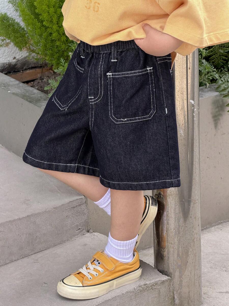 DAZY Quần short denim dáng rộng, phối màu tương phản, có túi, thích hợp cho bé trai mặc đi làm hàng ngày, phong cách đường phố mùa hè. - Rửa tối - Xem 1