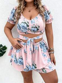 Flirla 大码女式碎花花瓣袖系带腰上衣和短裙两件套 - 粉色 - 查看 3