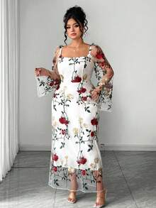 SHEIN Elenzya Plus Size Women's Square Neck Transparent Floral Embroidery Random Lace Elegant Dress, Suitable For Parties, Formal Occasions, Spring/Summer Vacation, Graduation Season, Wedding Season - Multicolor - View 4