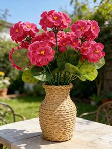 Artificial Geranium Flower, Silk Geranium, Outdoor UV Protection White Artificial Geranium Floral Bunch, Fake Plant Potted Decor For Home, Balcony, Vase, Tabletop - Deep Rose - View 5