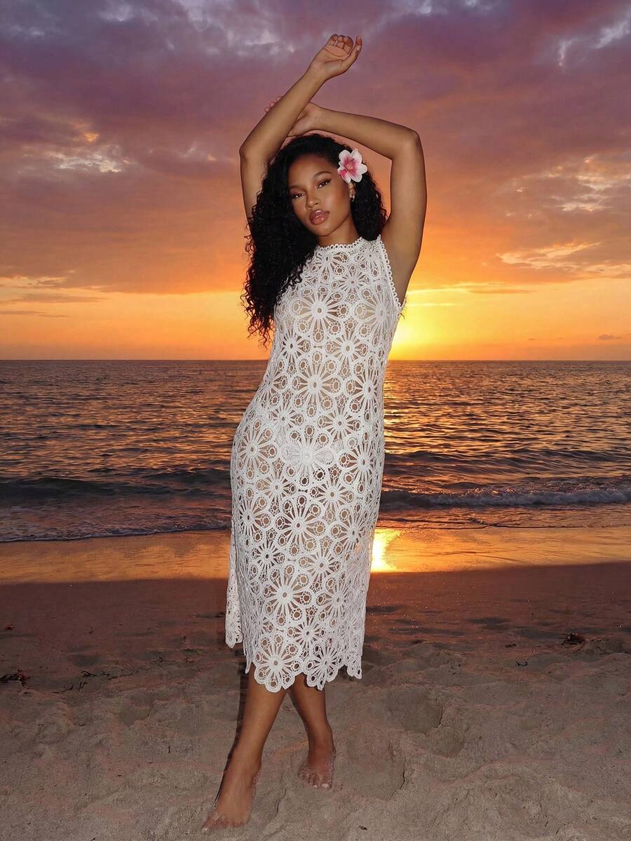 BamGleam Women's Casual Daily Wear Hollow Lace Design Long Blouse - White - View 1