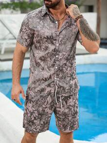 VENTUSAIL Conjunto de camisa de manga corta y pantalones cortos de satén jacquard de moda para hombres - Multicolor - Ver 4