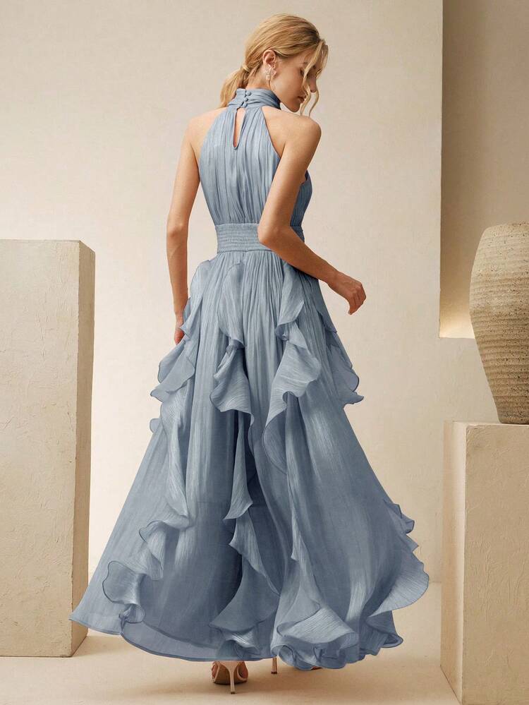 Women's New Elegant Sleeveless Halter Long Dress With Waist Pleats, Shiny Wavy Hem Flared Skirt, Pink Color, Suitable For Banquet, Party, Gathering