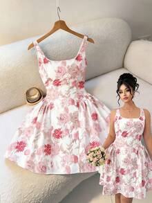 Elenzga Plus Size Women Elegant Square Neck Floral Print Casual Summer Dress - Multicolor - View 1