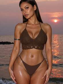 SHEIN Swim Summer Beach Solid Halter Crochet Bikini Top - Mocha Brown - View 4