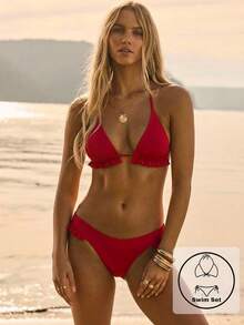 Aralina Summer Resort Vacation Beach Western Gingham Ruffle Triangle Bikini Set With Swim Bag - Red - View 6