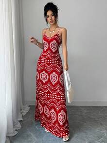 Selianne Vestido casual de vacaciones con estampado retro Perris para mujer - Rojo - Ver 6