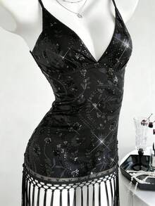 Elamini Women's Black,Summer,70's,Nightclub,Party Disco Bombshell Deep V-Neck Spaghetti Strap Mesh Heavily Embroidered Floral Beaded Tassel Fringe Dress - Black - View 6