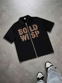 Teen Boy Loose Leopard Print Letter Pattern Polo Collar Short Sleeve Shirt Suitable For Birthday Parties, Evening Parties, Performances, Weddings, Baptisms, Opening Ceremonies Daily Suitable For Daily Use Suitable For School Suitable For Travel Suitable For Sports Suitable For Spring And Summer - Black - View 5