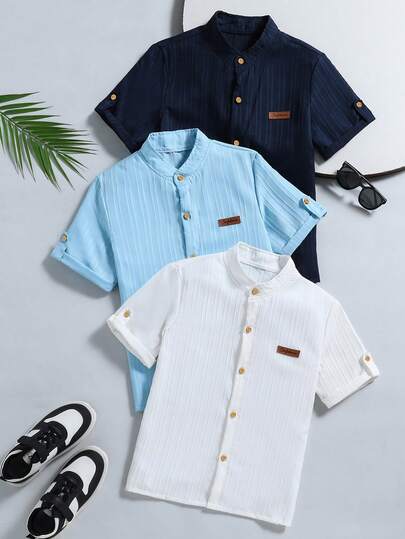 SHEIN 3pcs/Set Boys' Casual Multi-Color Collared Shirt, Suitable For Daily, Commute, Vacation Wear, Minimalist Texture, Comfortable