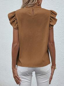 Breezaya Women's Summer Casual Minimalist Ruffle Collar Blouse - Brown - View 2
