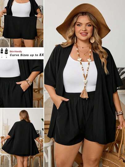 SHEIN CURVE+ 2pcs/Set Casual Solid Color Black Loose Plus Size Women Shirt And Shorts Set, Suitable For Summer