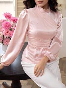 Graceveil Áo kiểu nữ cổ đứng tay phồng phối lưới màu hồng thanh lịch - Hồng - Xem 3
