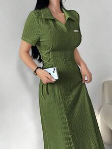 Aidyla 女士字母印花翻边袖侧腰系带中长休闲连衣裙长款晚礼服 - 橄欖綠 - 查看 7