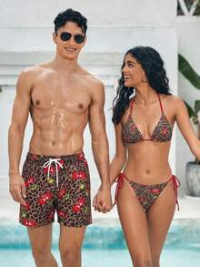 Azuldrift Pantalones cortos de playa casuales con cordón y estampado de leopardo de cereza para hombres - Caqui - Ver 3